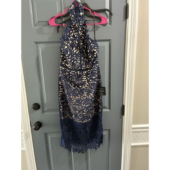 Lulus Divine Destiny Navy Blue Lace Midi Dress Halter Wedding Party NWT Medium - Picture 3 of 8